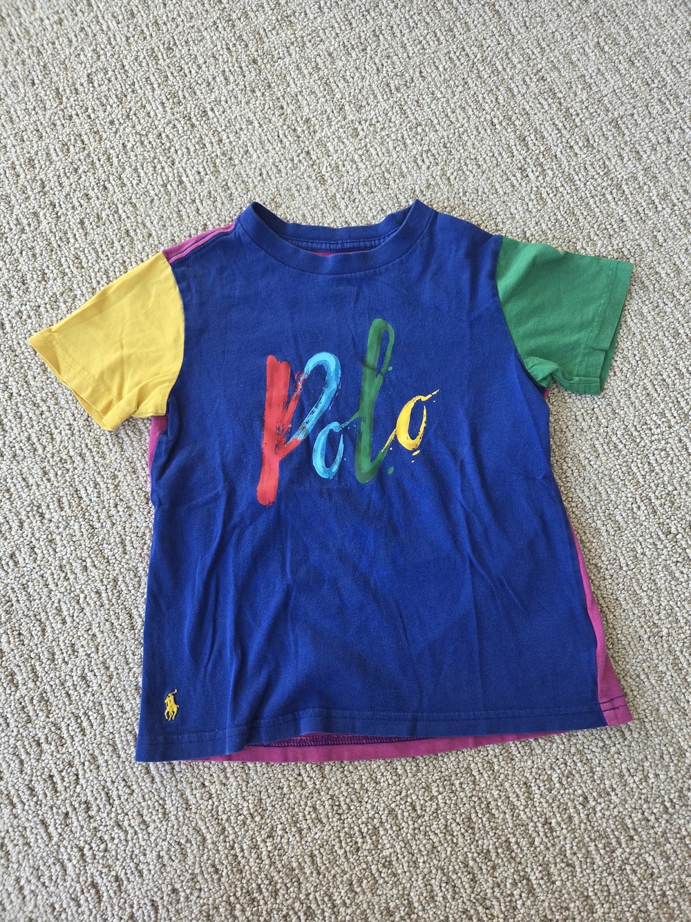 Polo by Ralph Lauren Blue Tee with Multicolor Logo and Yellow/Green Sleeves